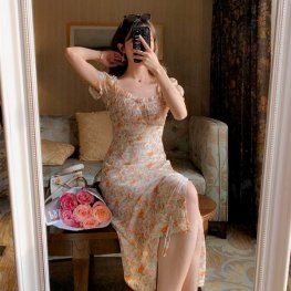 Summer French Style Floral Dress Puff Sleeve Women Dress